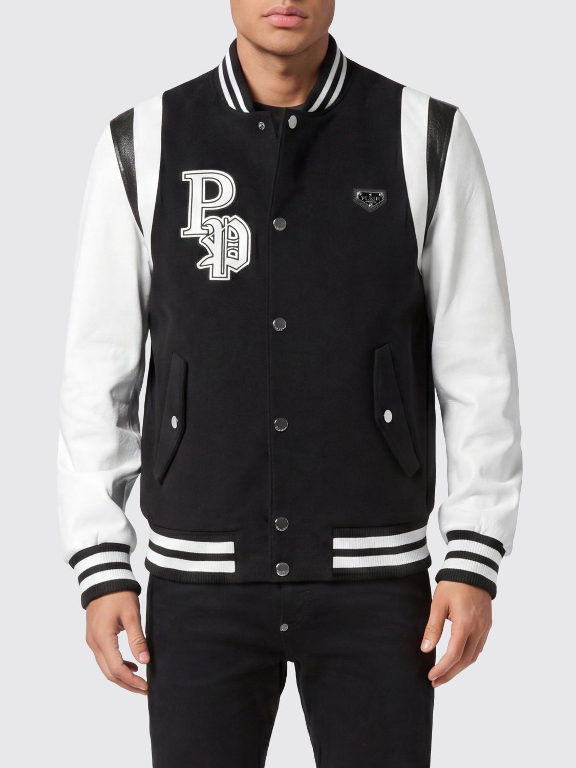 PHILIPP PLEIN Bomber Varsity in panno di lana con maniche in pelle