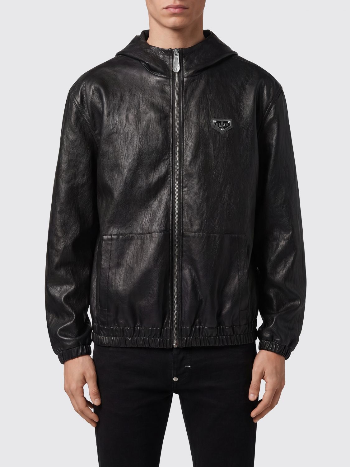 PHILIPP PLEIN Smooth Calfskin Leather Hooded Jacket
