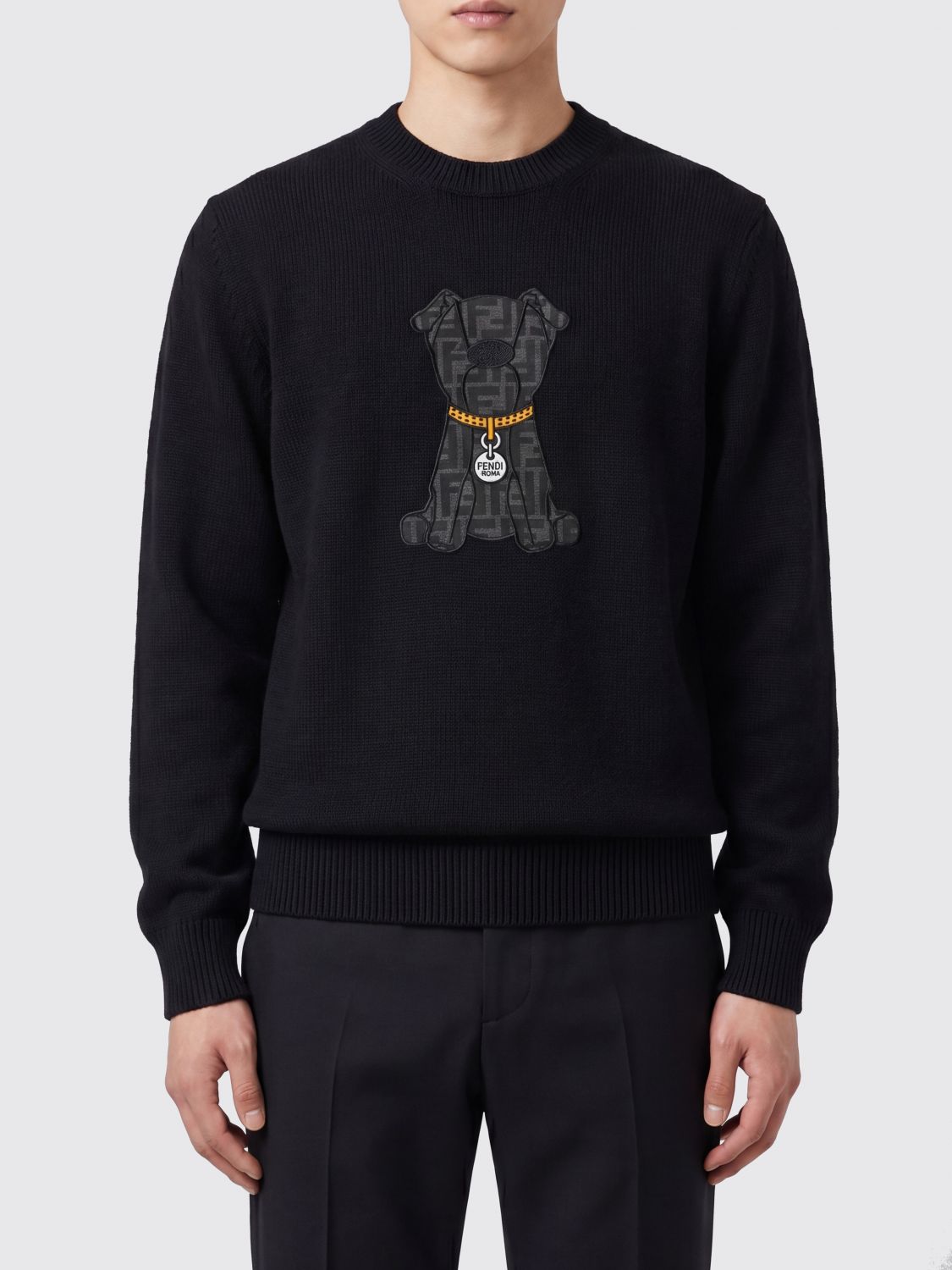 FENDI Maglia girocollo in lana vergine con ricamo Monogram FF all-over