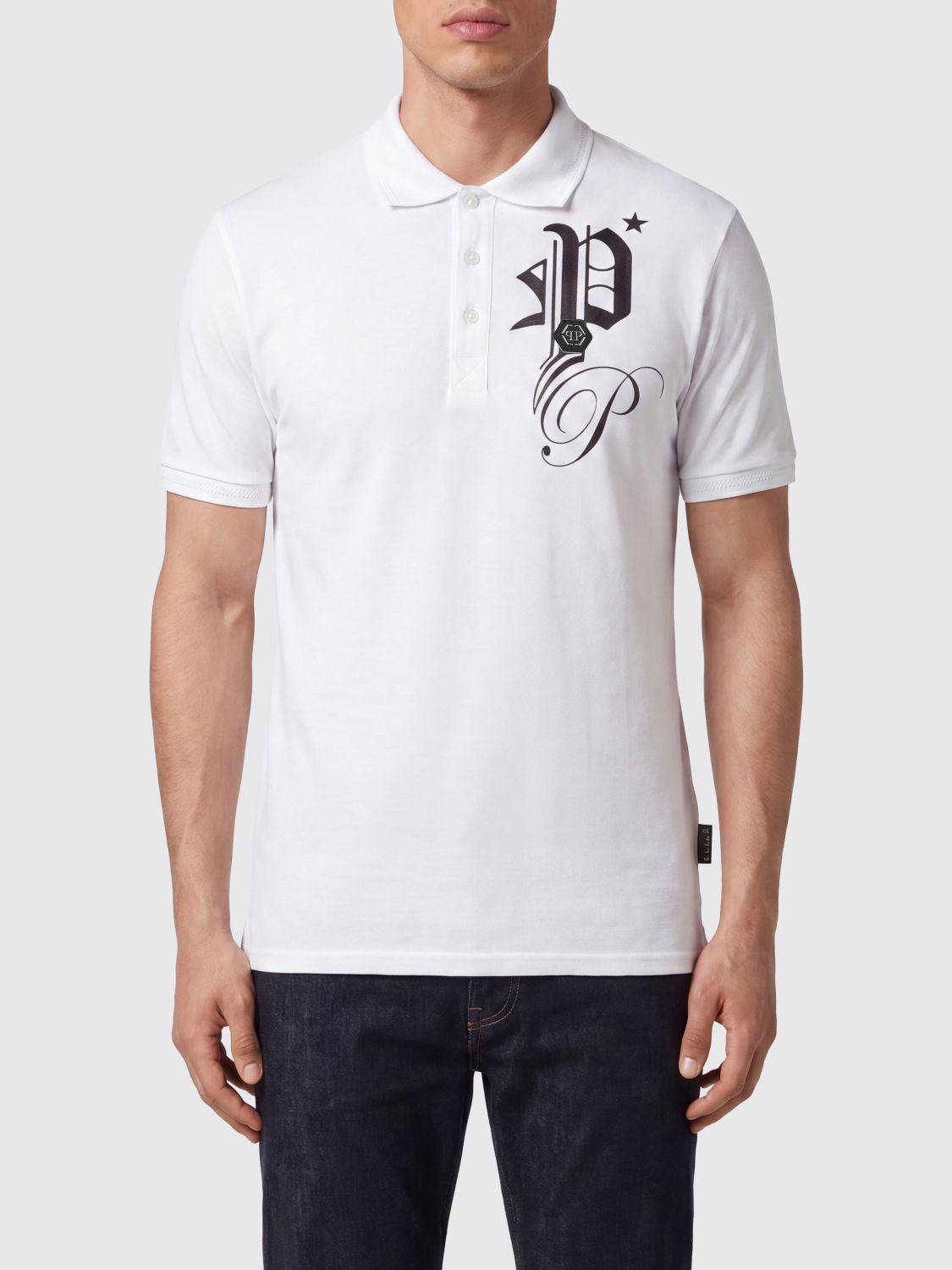 PHILIPP PLEIN Polo in cotone con logo monogram e chiusura a tre bottoni