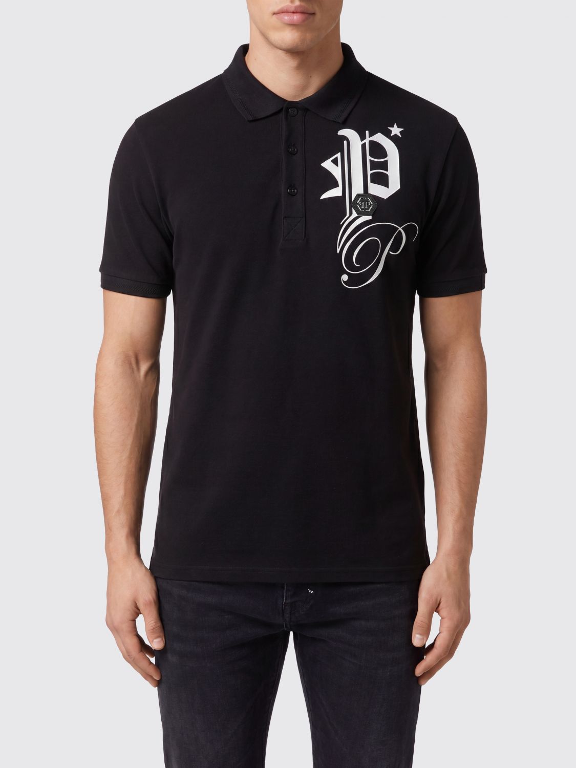 PHILIPP PLEIN Polo in cotone con logo monogram e chiusura a tre bottoni