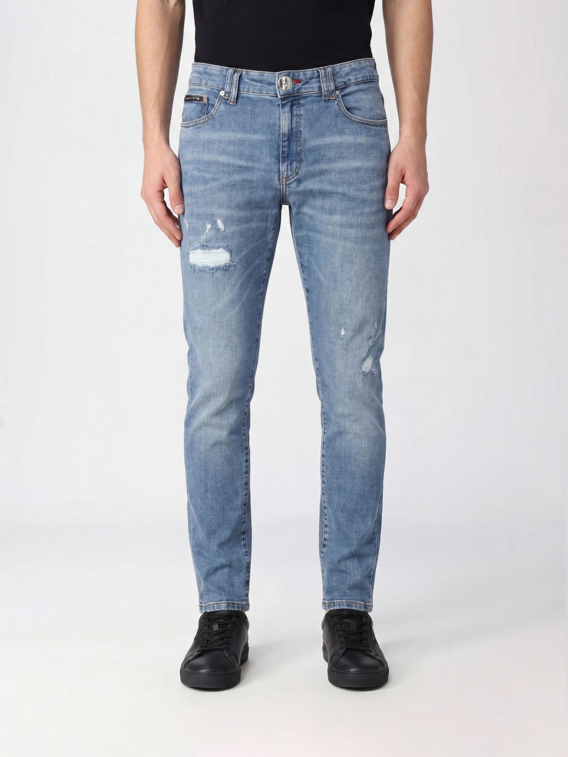 PHILIPP PLEIN Jeans slim fit in denim di cotone distressed a vita media