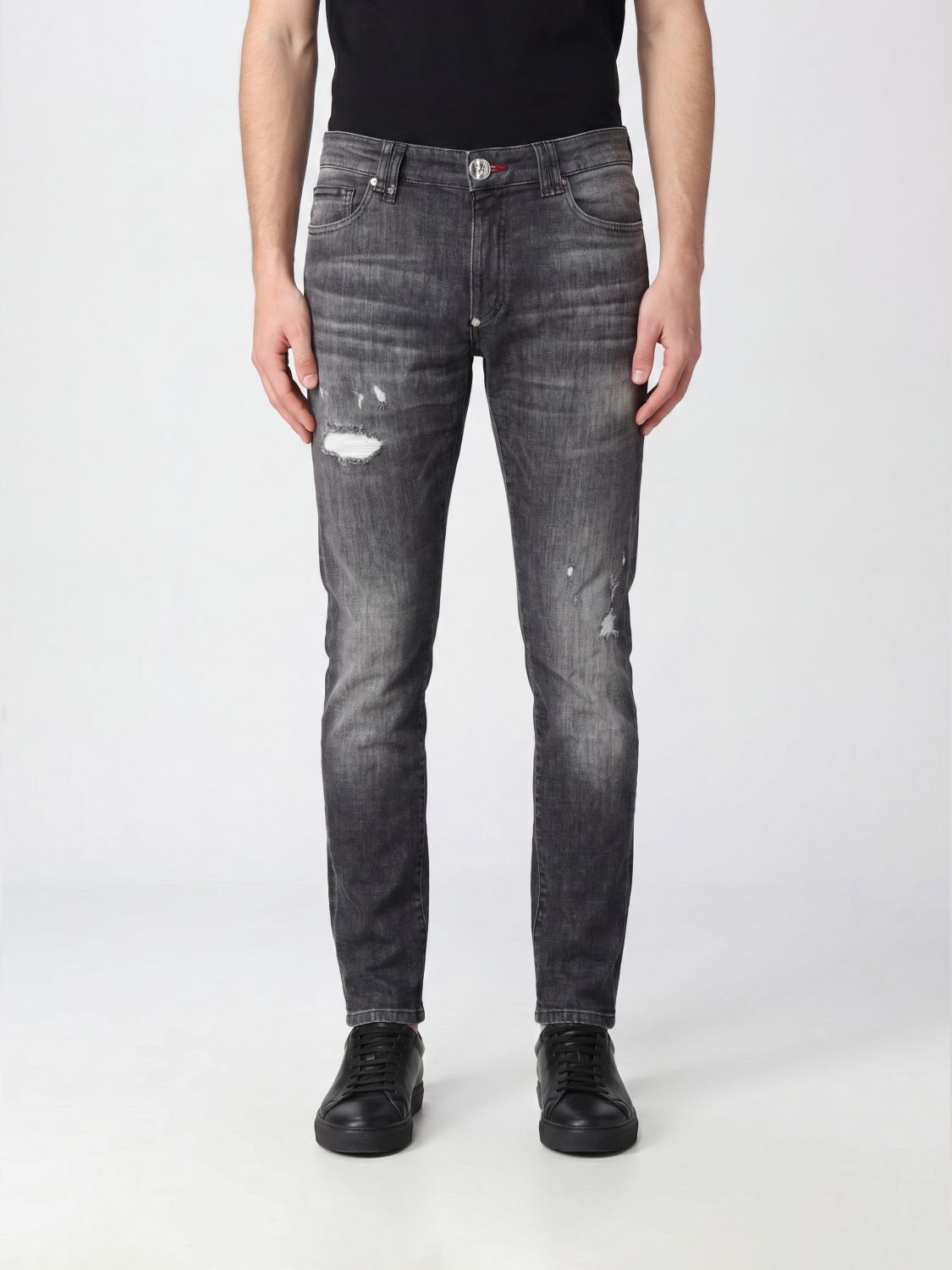 PHILIPP PLEIN Jeans slim fit in denim di cotone distressed a vita media