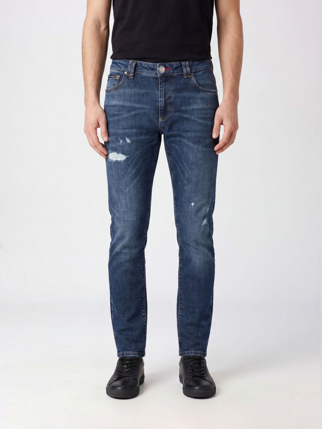 PHILIPP PLEIN Jeans slim fit in denim di cotone distressed a vita media