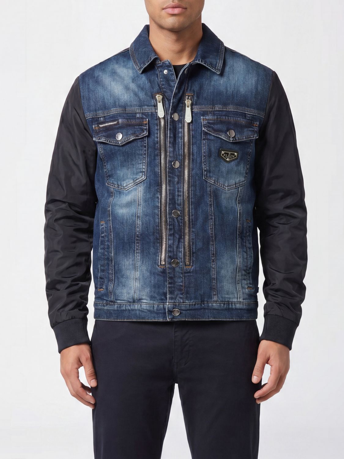 PHILIPP PLEIN Giacca di jeans in denim di cotone con colletto classico e bottoni