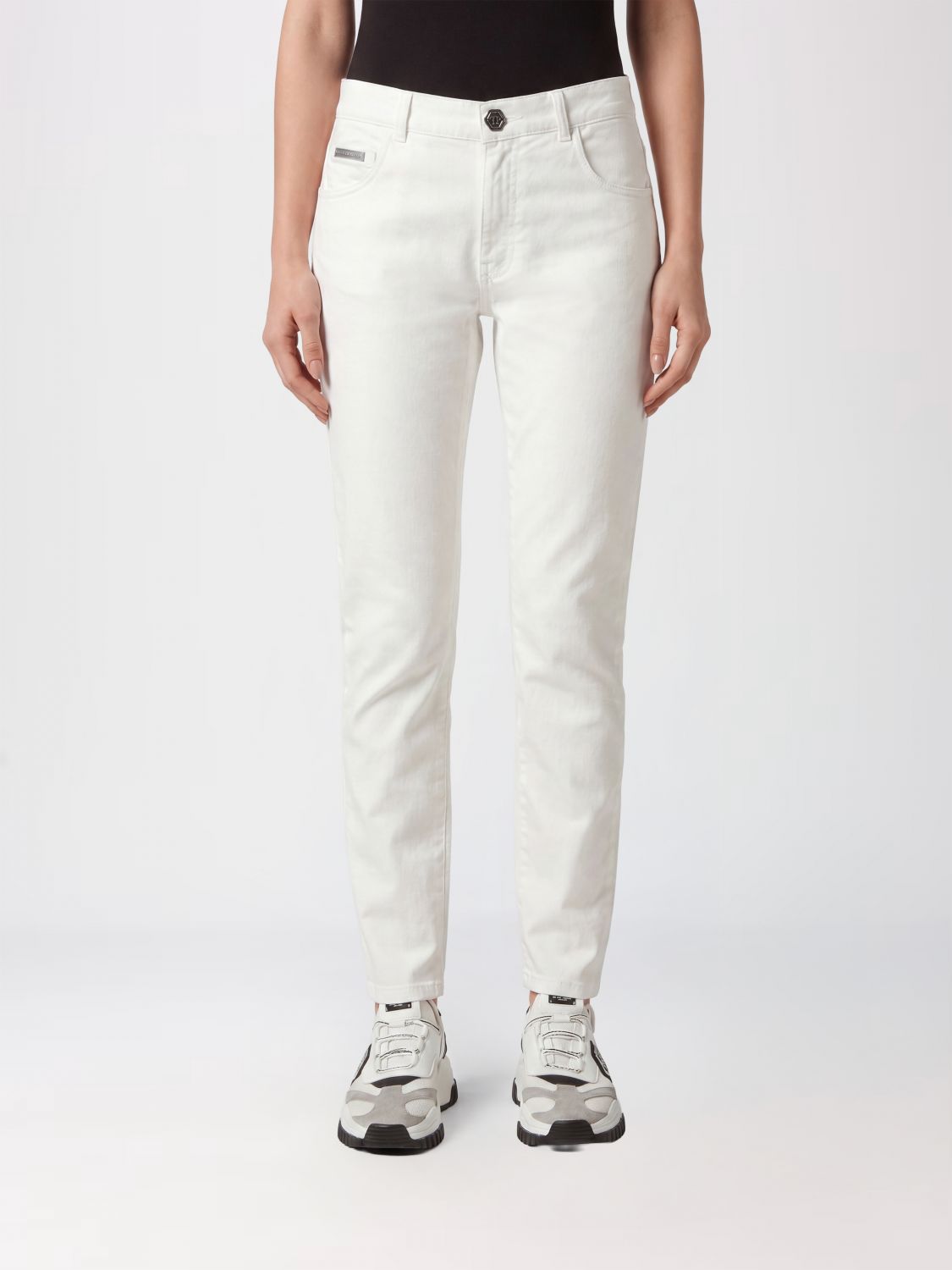 PHILIPP PLEIN High-Waisted Cropped Skinny Jeans in Stretch Denim with Hexagon Logo