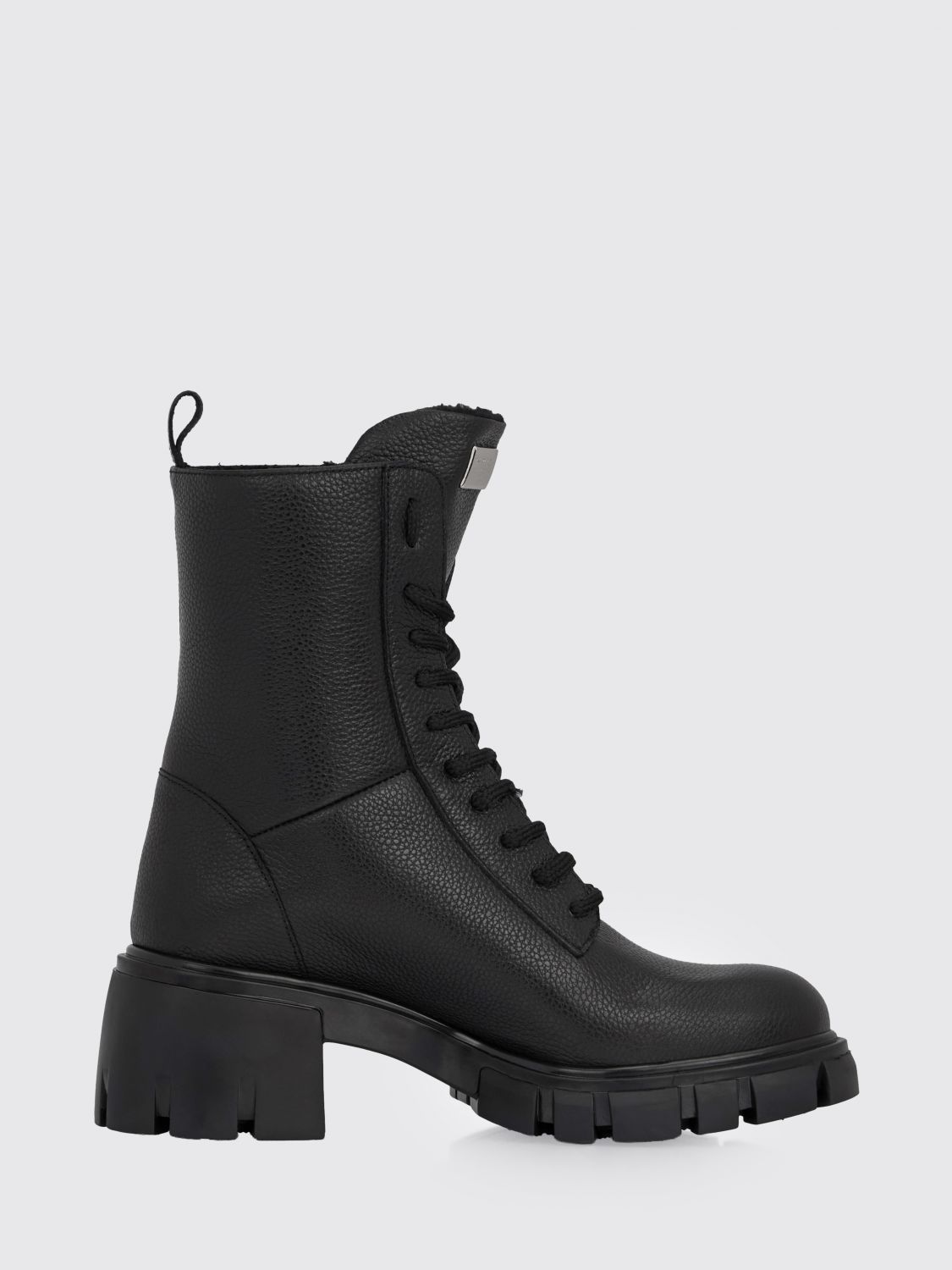 PHILIPP PLEIN Lace-Up Combat Boots in Grained Leather with Lug Sole