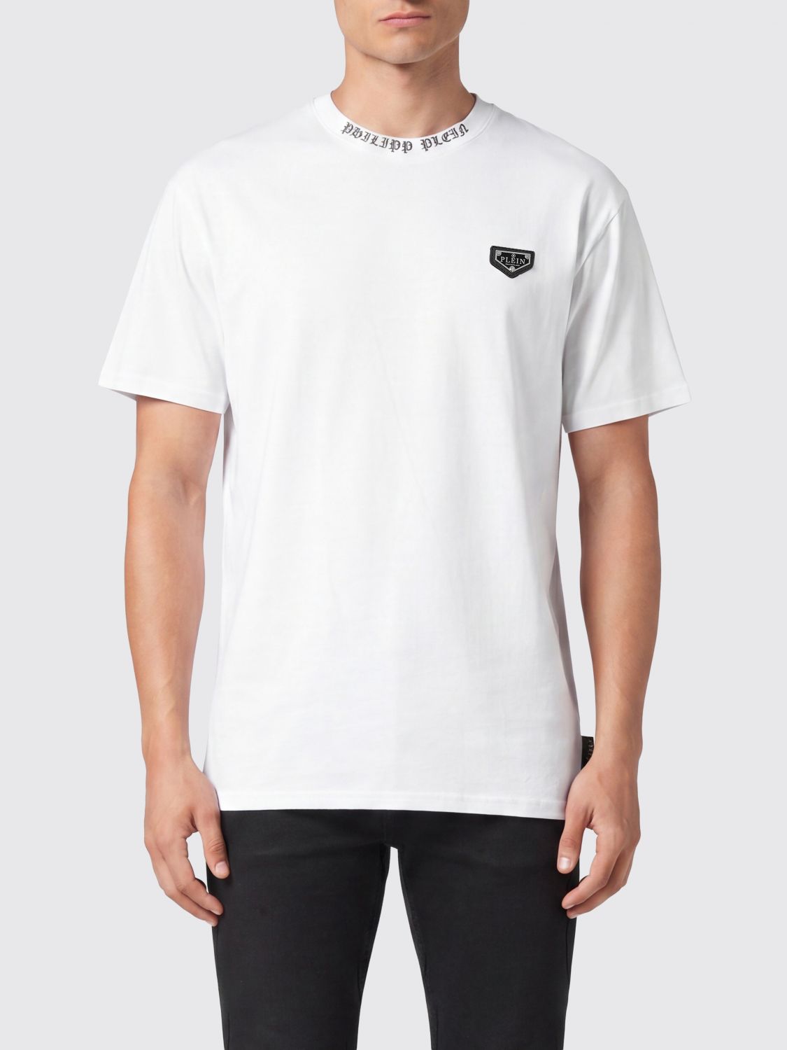 PHILIPP PLEIN T-shirt in cotone con placca logo metallica applicata sul petto