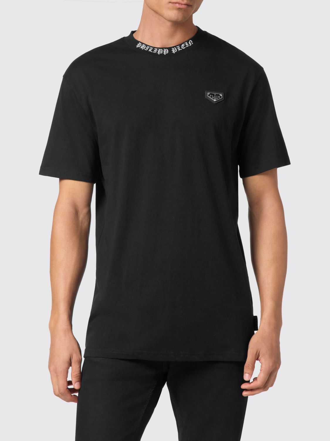 PHILIPP PLEIN T-shirt in cotone con placca logo metallica applicata sul petto