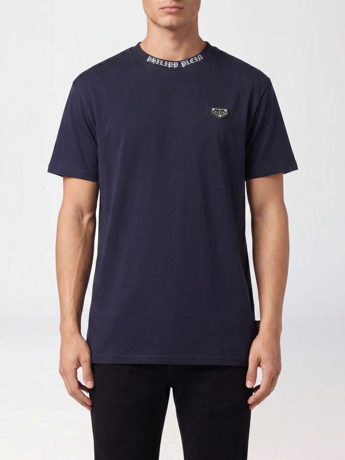 PHILIPP PLEIN Cotton T-shirt with Metal Logo Plaque Applied to the Chest