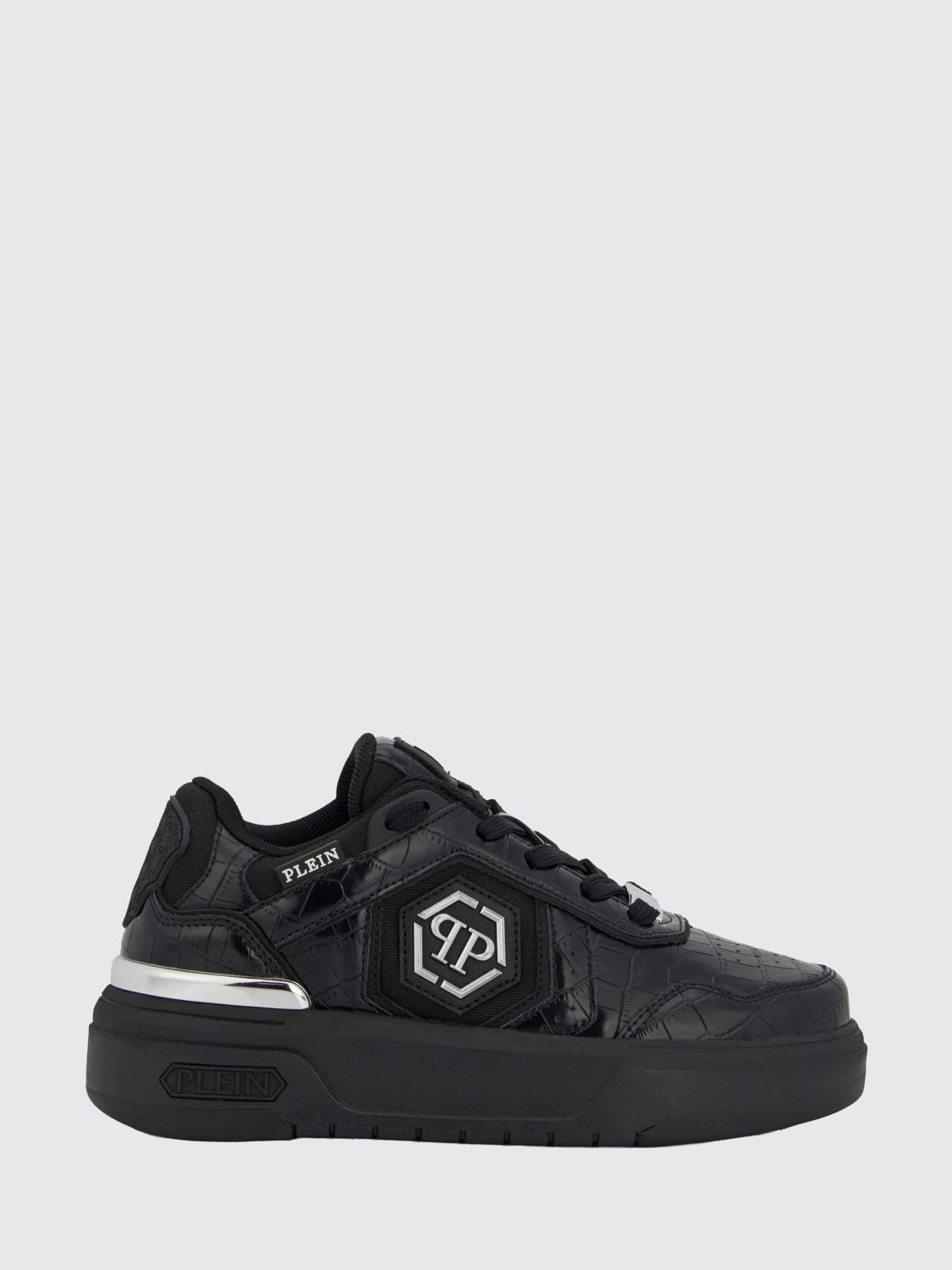 PHILIPP PLEIN SK8R Low-Top Sneakers in Leather and Mesh with Croc Print and Hexagon Logo