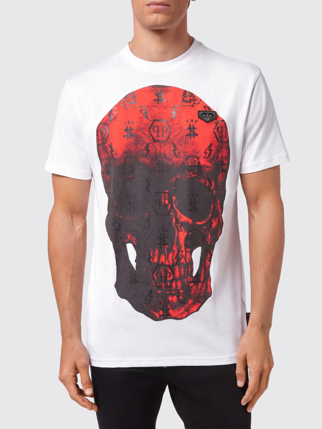 PHILIPP PLEIN T-shirt in cotone con stampa Skull e logo posteriore a contrasto