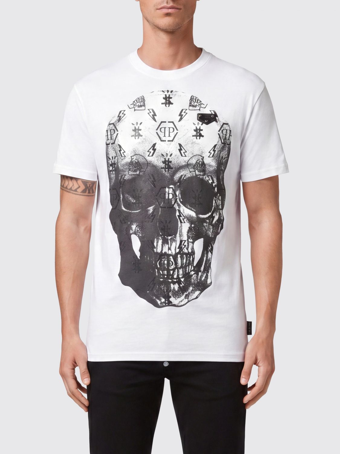 PHILIPP PLEIN Cotton T-shirt with Contrasting Back Skull and Logo Print