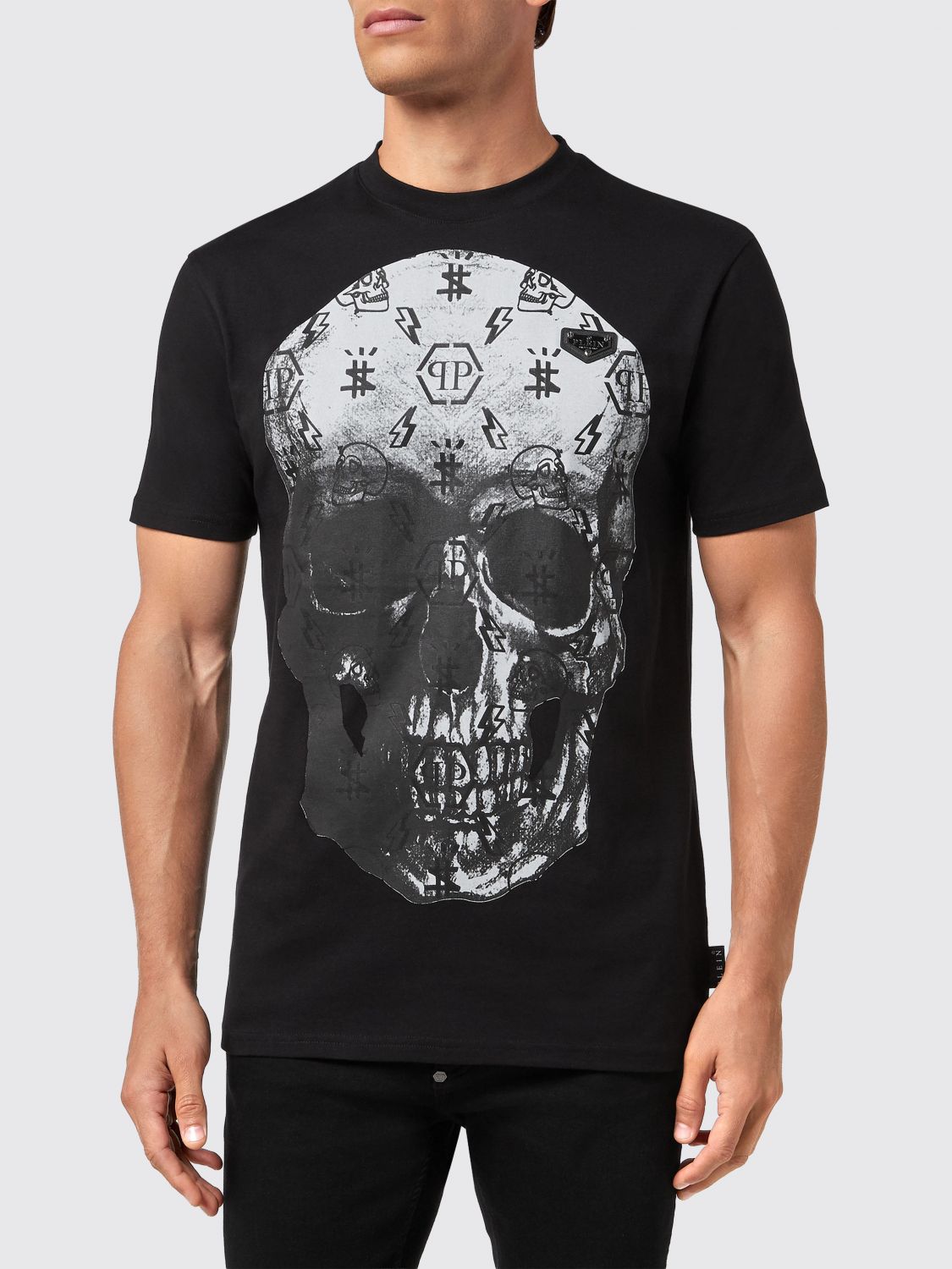 PHILIPP PLEIN T-shirt in cotone con stampa Skull e logo posteriore a contrasto