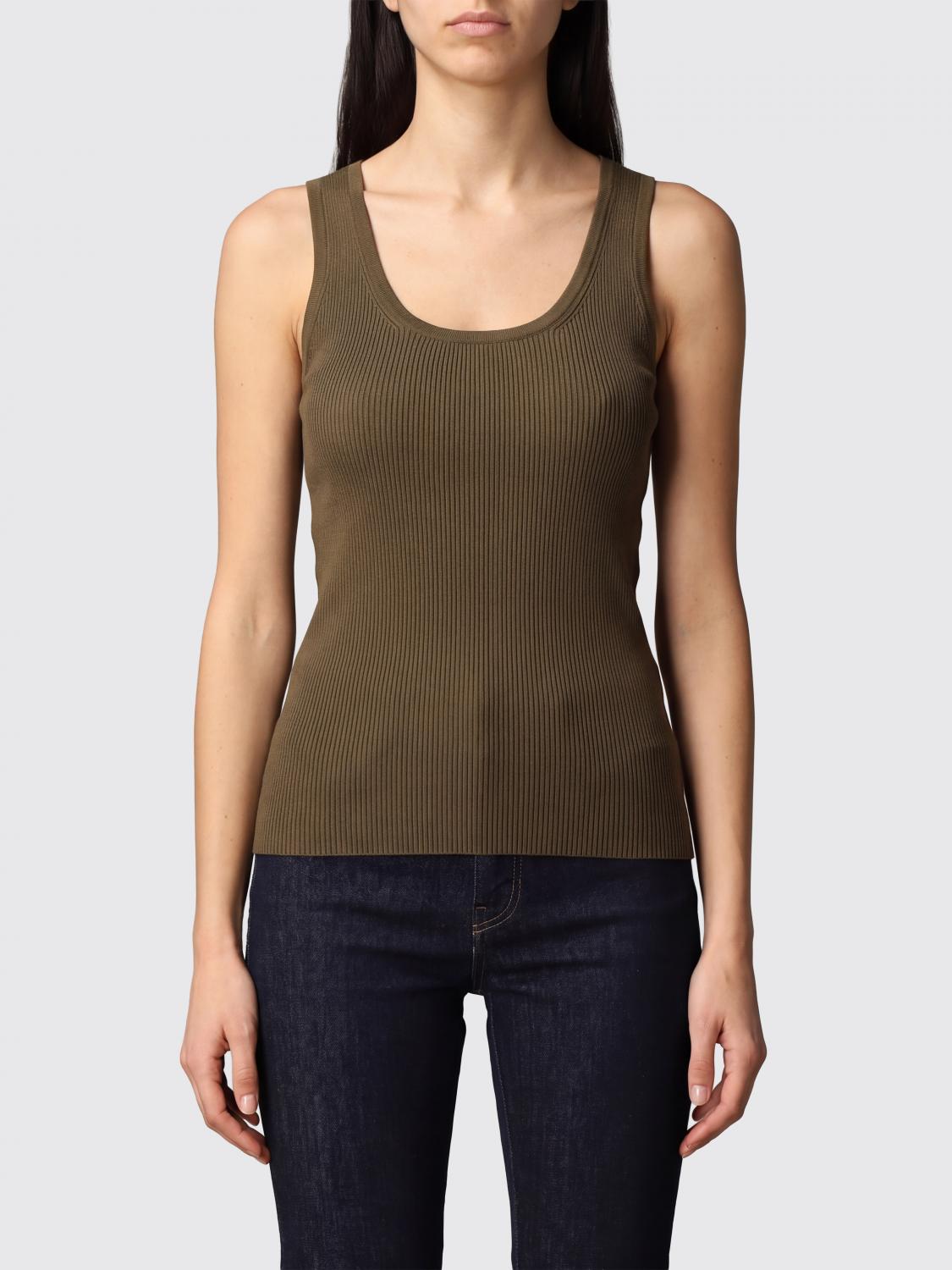 MAX MARA Top slim fit in maglia di cotone a coste con scollo a U