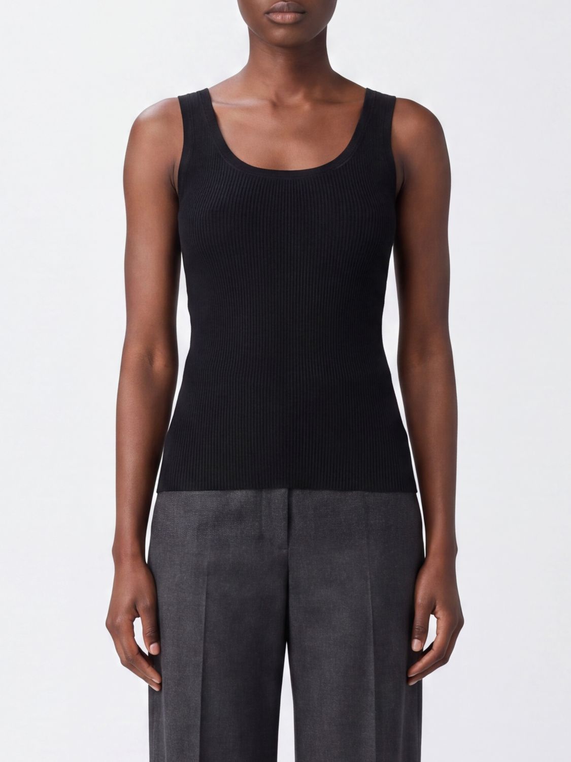 MAX MARA Slim Fit Ribbed Cotton Knit U-Neck Top