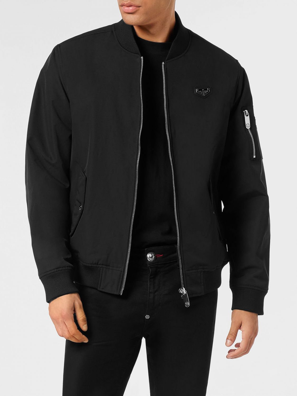 PHILIPP PLEIN Technical Fabric Bomber Jacket with Contrasting Logo and Zip Closure