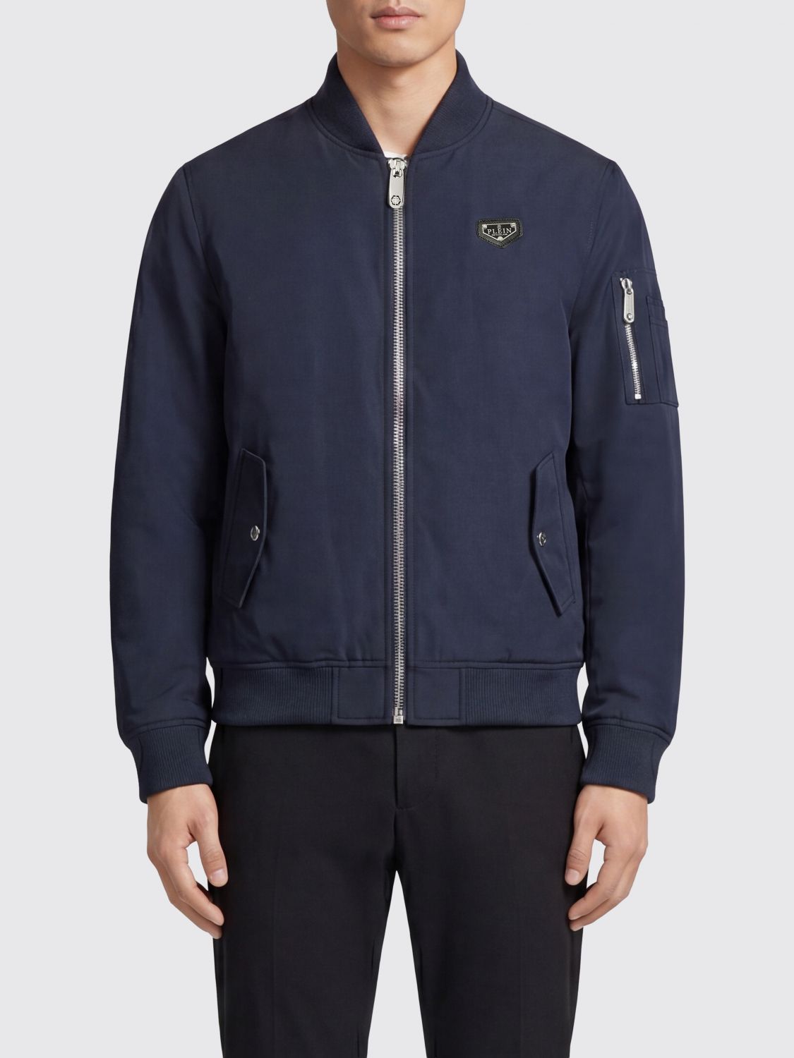 PHILIPP PLEIN Bomber in tessuto tecnico con logo a contrasto e chiusura a zip