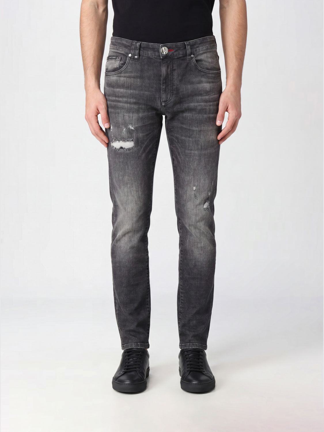 PHILIPP PLEIN Jeans skinny in denim distressed slim fit con logo metallico posteriore