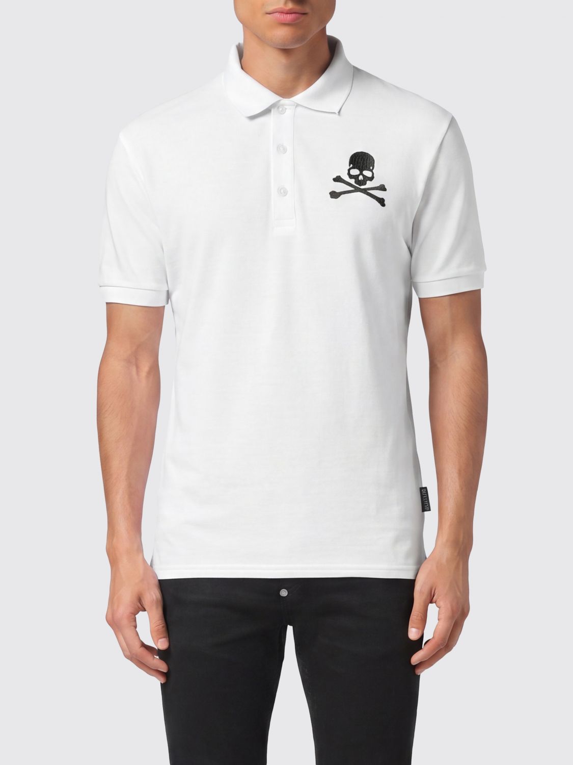 PHILIPP PLEIN Skull Print Short-Sleeved Cotton Polo Shirt with French Collar