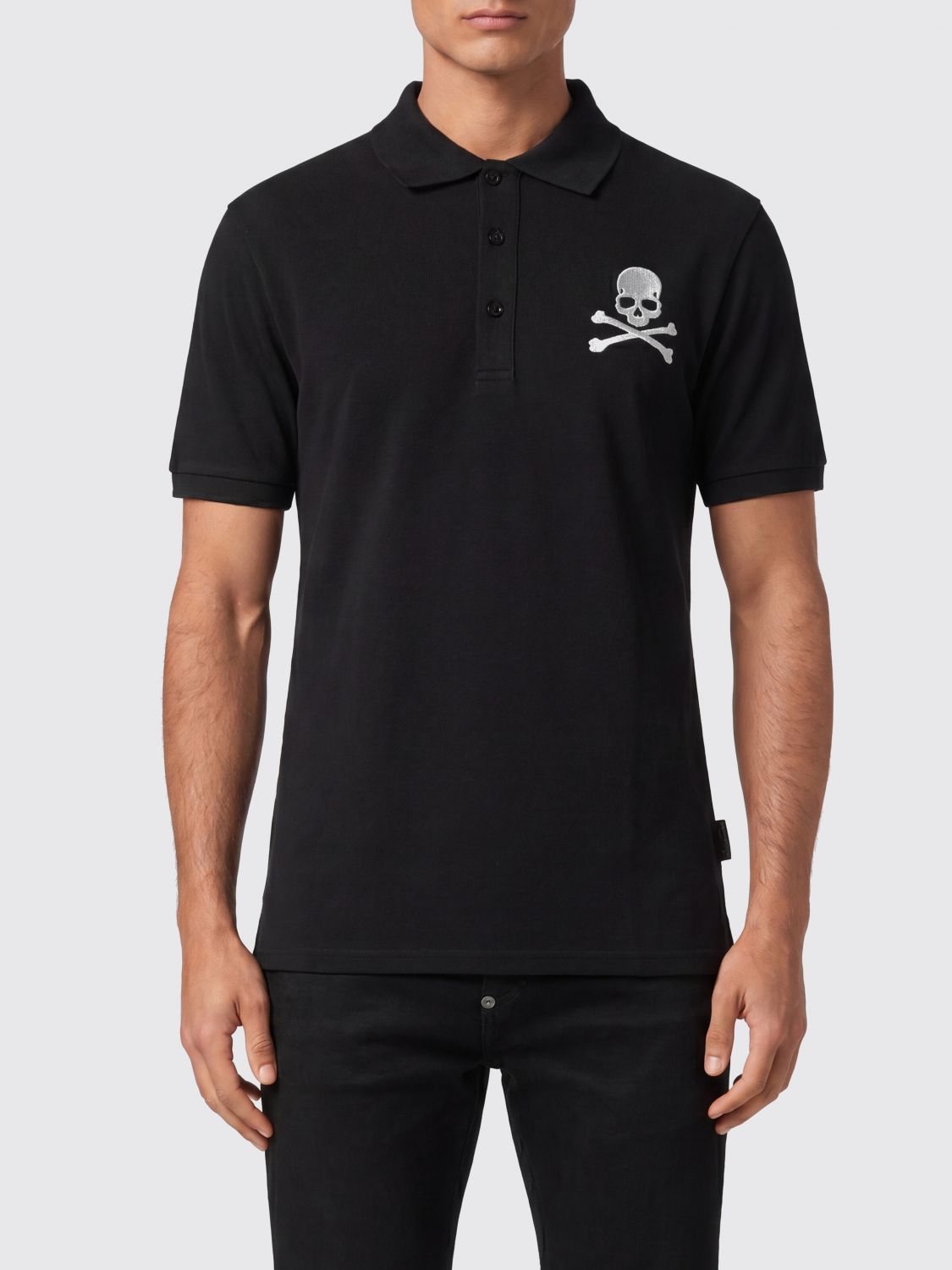 PHILIPP PLEIN Polo in cotone a maniche corte con stampa Skull e colletto francese