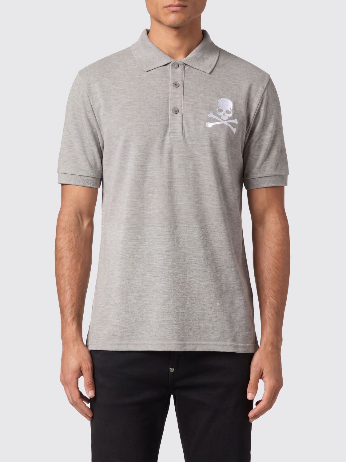 PHILIPP PLEIN Polo in cotone a maniche corte con stampa Skull e colletto francese