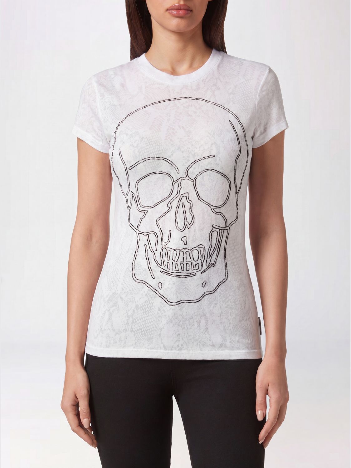 PHILIPP PLEIN Slim Fit Cotton T-Shirt with Skull Print and Rhinestones