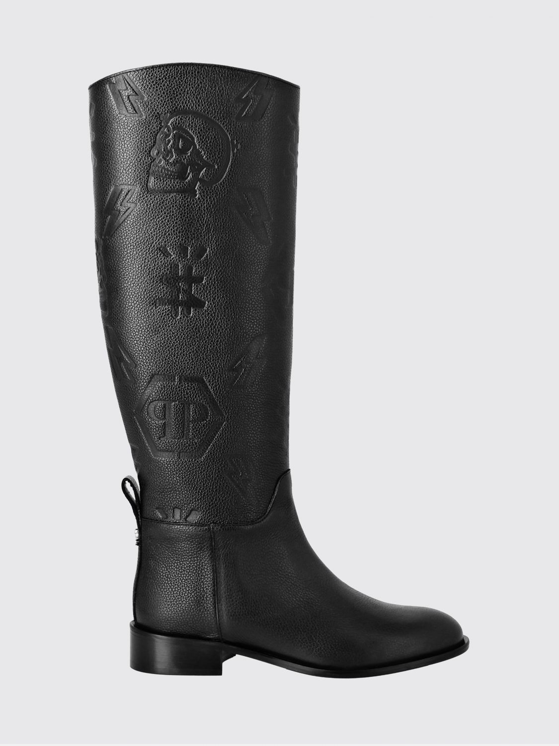 PHILIPP PLEIN Knee-High Boots in Grained Leather with Embossed Hexagon Logo