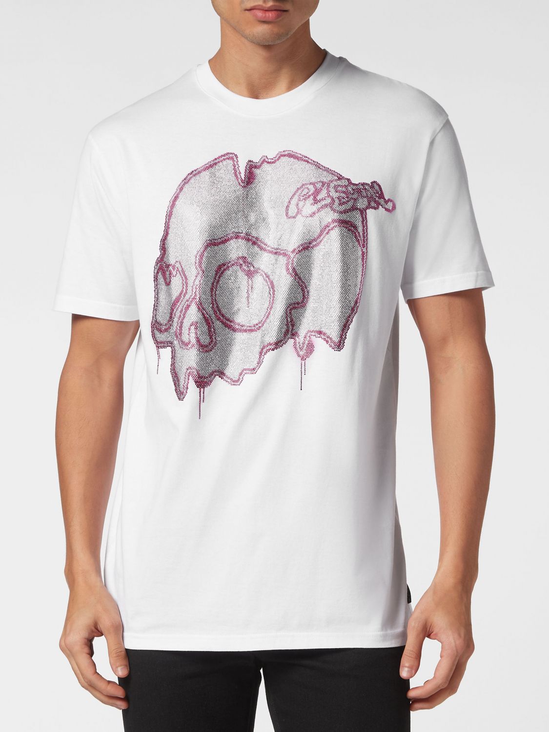 PHILIPP PLEIN T-shirt in cotone con logo Skull di strass e scollo a girocollo