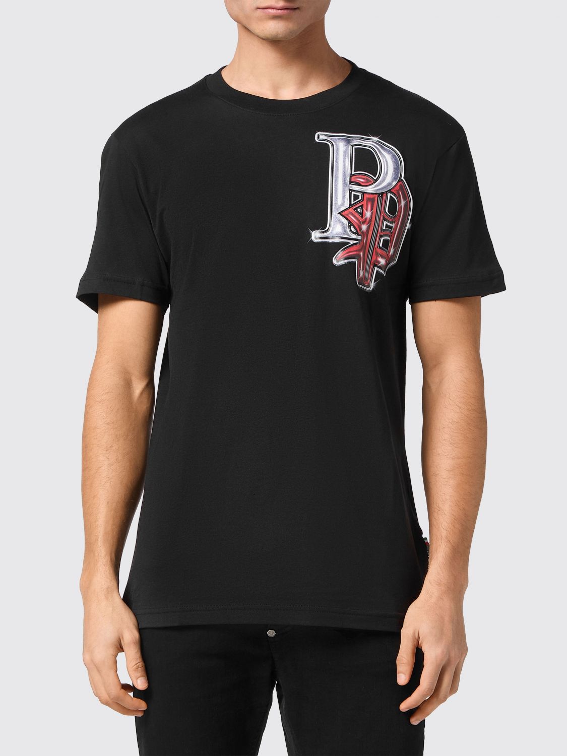 PHILIPP PLEIN Cotton T-shirt with Graphic Print and Contrast Back Logo