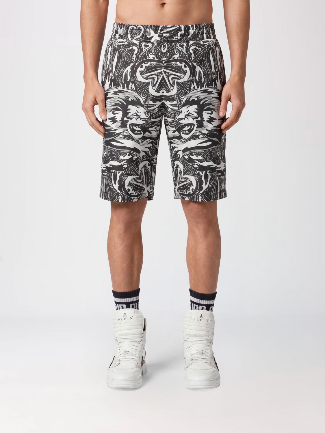 PHILIPP PLEIN Tribal Circus Silk Shorts with Graphic Print and Elasticated Waist