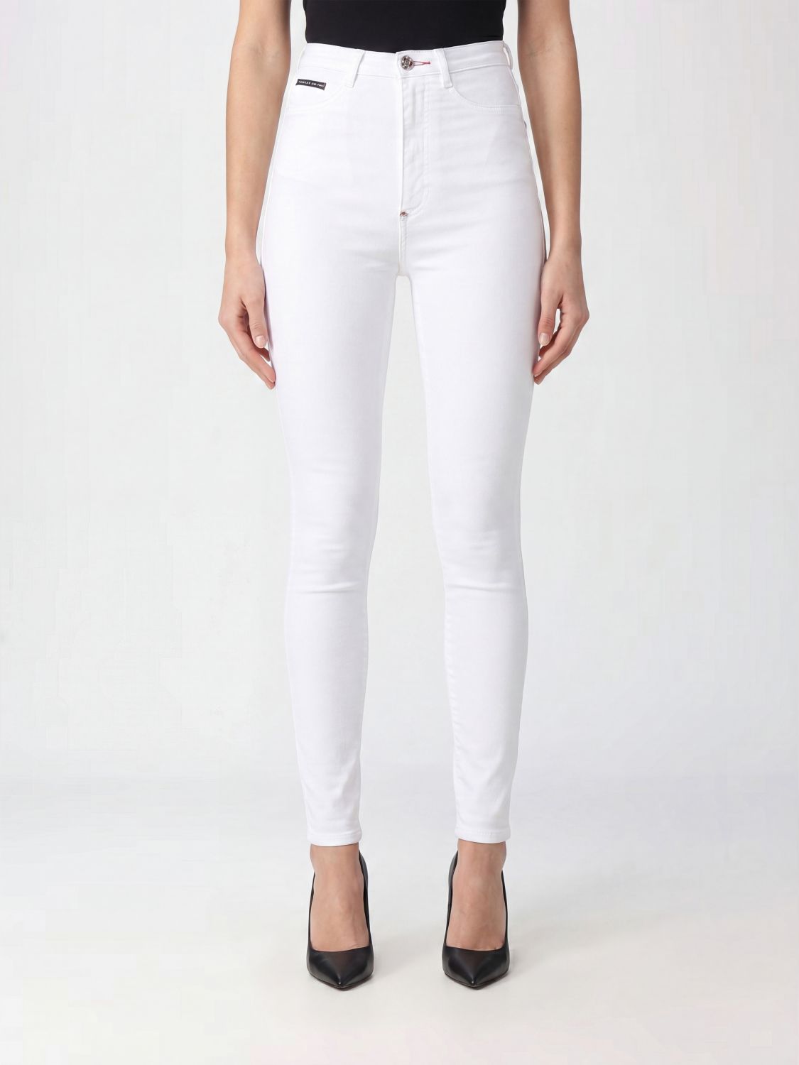 PHILIPP PLEIN Jeans skinny cropped in denim stretch a vita alta con logo