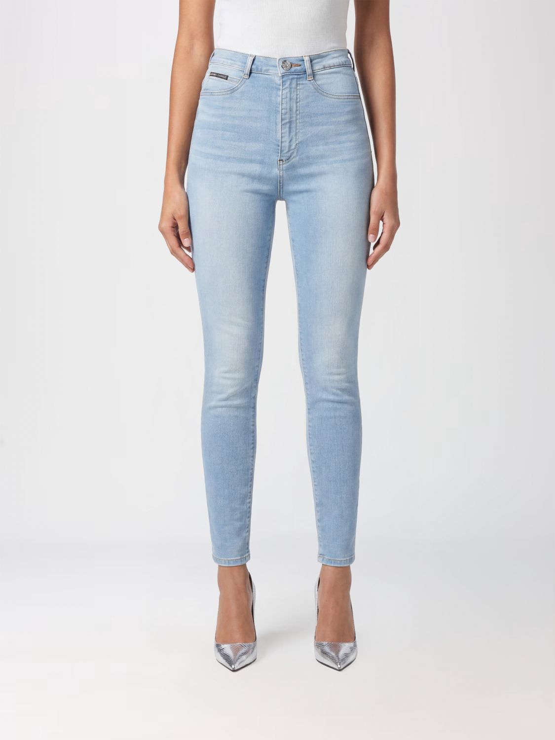 PHILIPP PLEIN Jeans skinny cropped in denim stretch a vita alta con logo