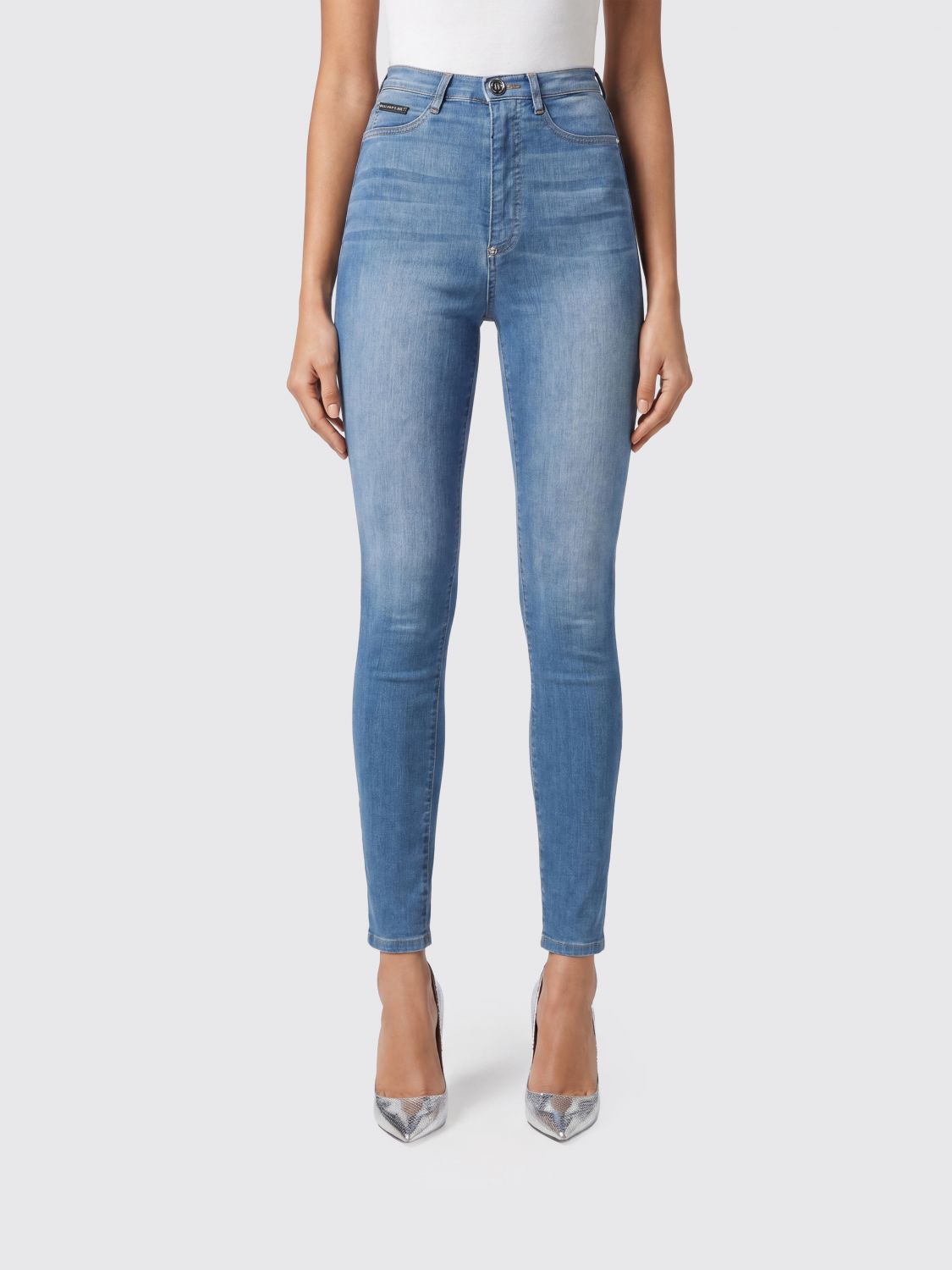 PHILIPP PLEIN Jeans skinny cropped in denim stretch a vita alta con logo