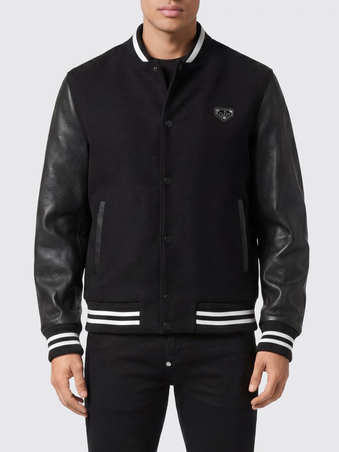 PHILIPP PLEIN Wool and Leather Varsity Bomber Jacket with Skull Embroidery and Rhinestones