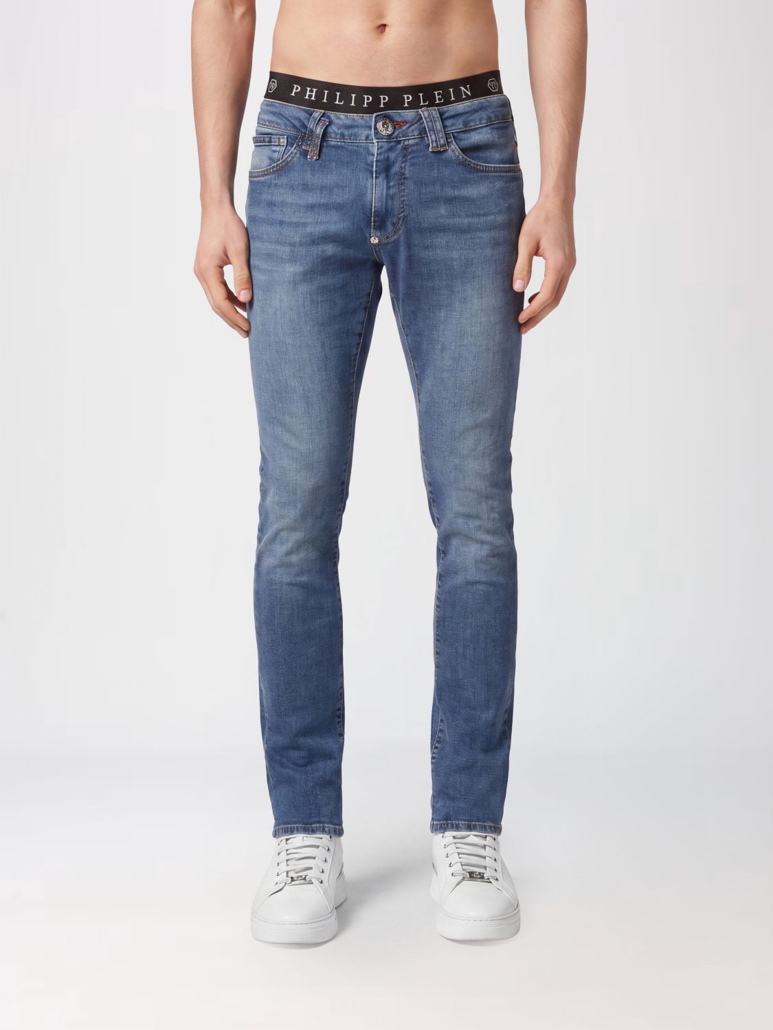 PHILIPP PLEIN Slim Fit Skinny Jeans in Cotton Denim with Metal Logo Plaque