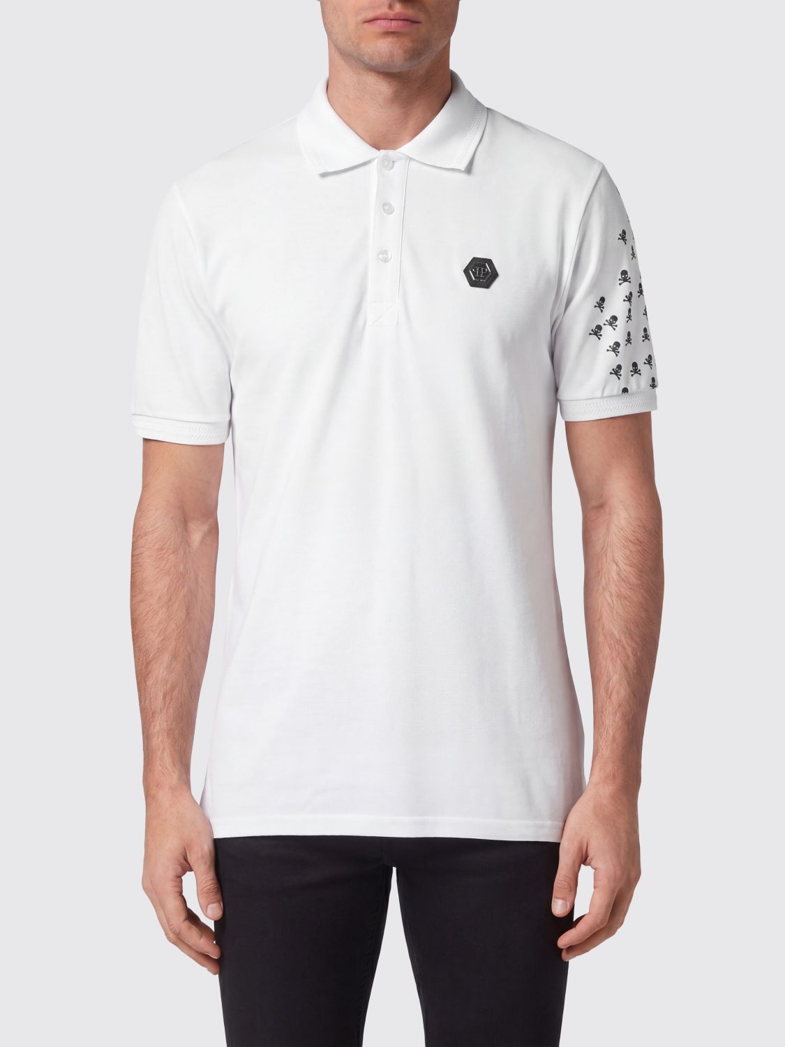 PHILIPP PLEIN Polo in cotone con stampa monogram Skull e logo Hexagon sul petto