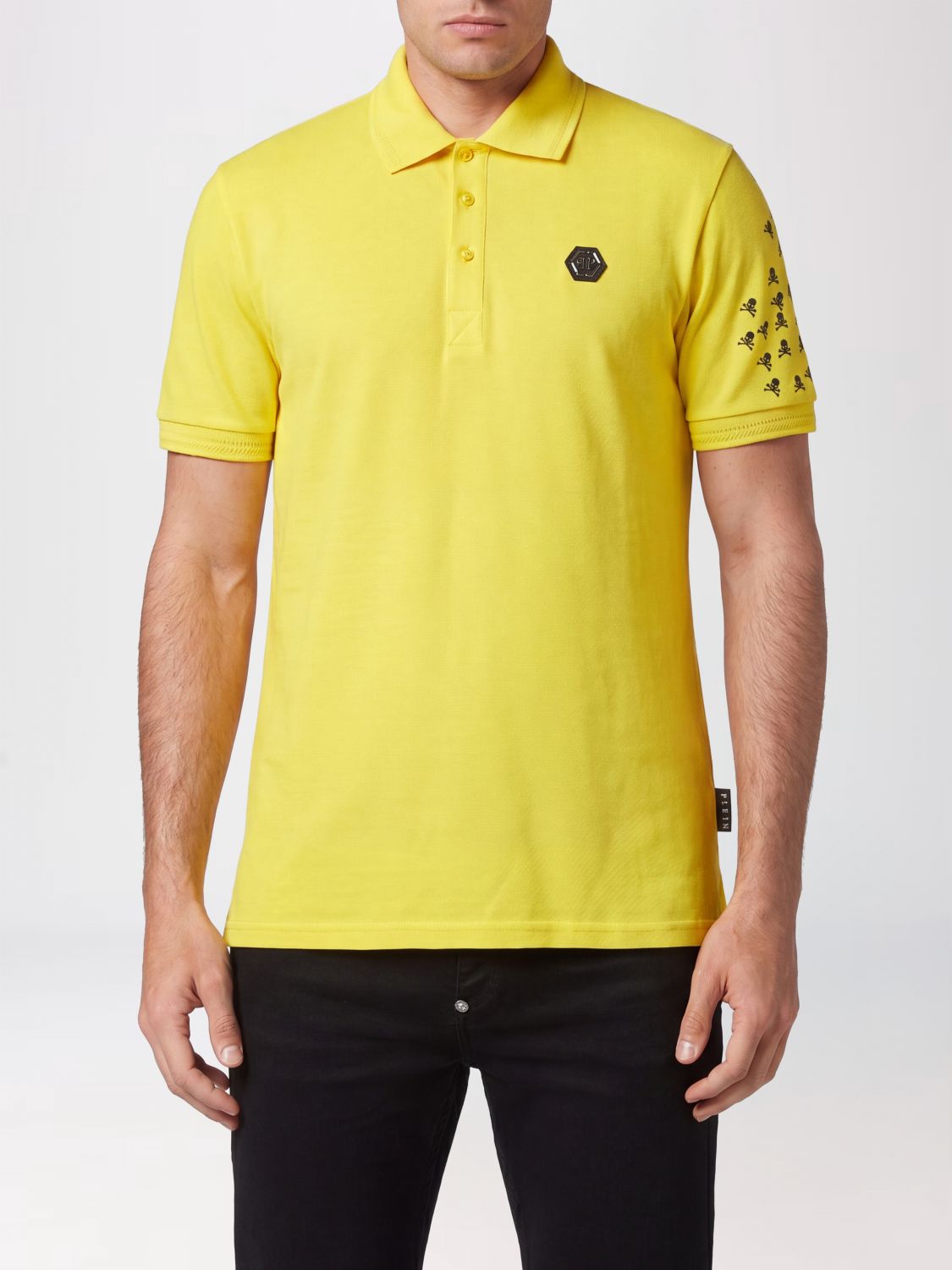 PHILIPP PLEIN Polo in cotone con stampa monogram Skull e logo Hexagon sul petto