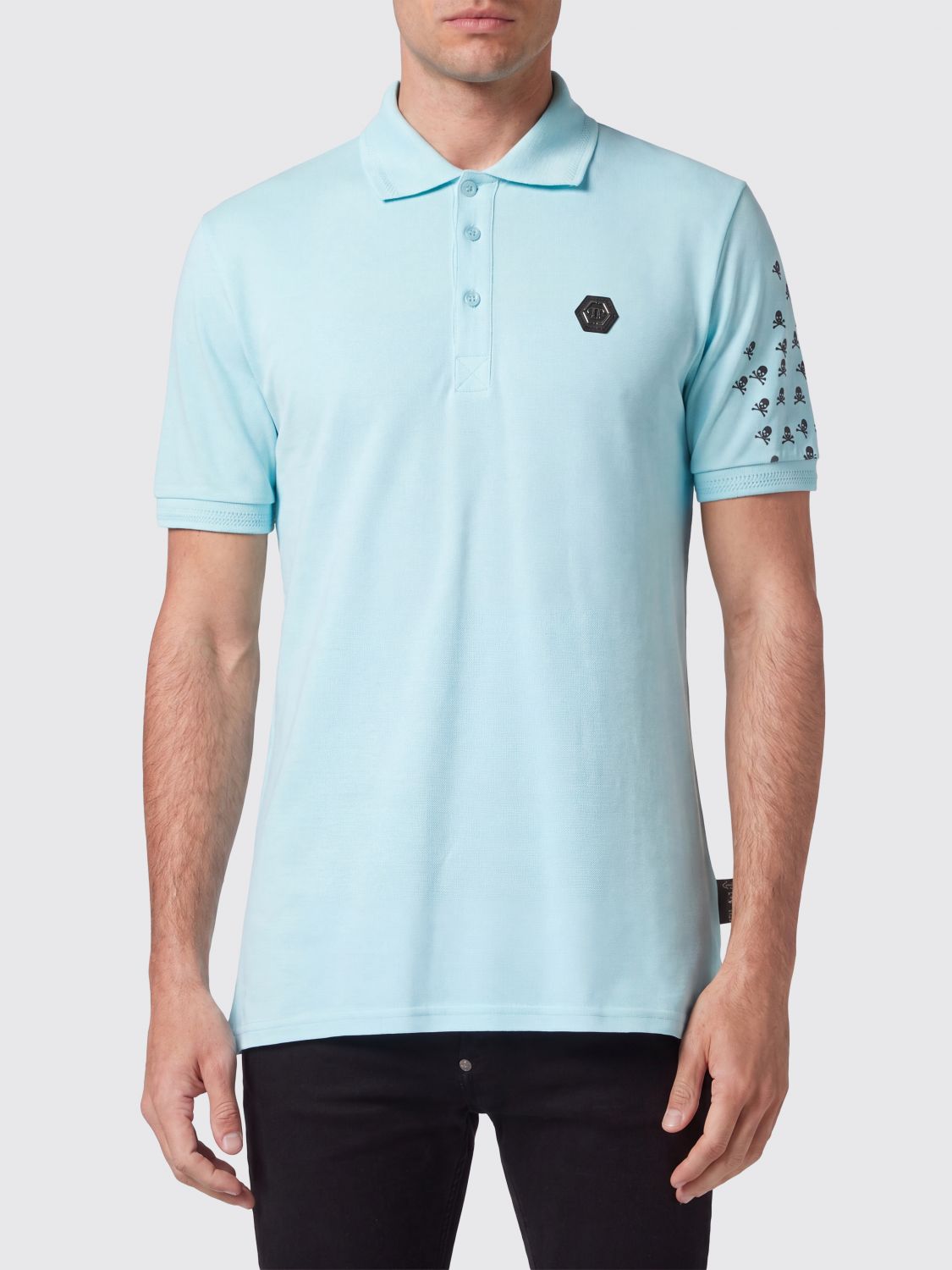 PHILIPP PLEIN Polo in cotone con stampa monogram Skull e logo Hexagon sul petto