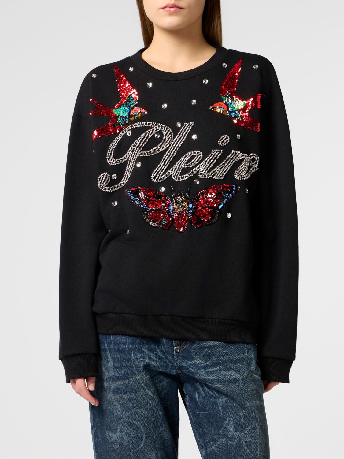 PHILIPP PLEIN Felpa girocollo in cotone con logo e applicazioni gioiello