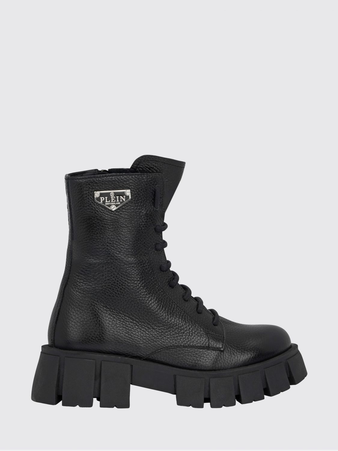 PHILIPP PLEIN Anfibi stringati in pelle a grana con suola carrarmato e tacco