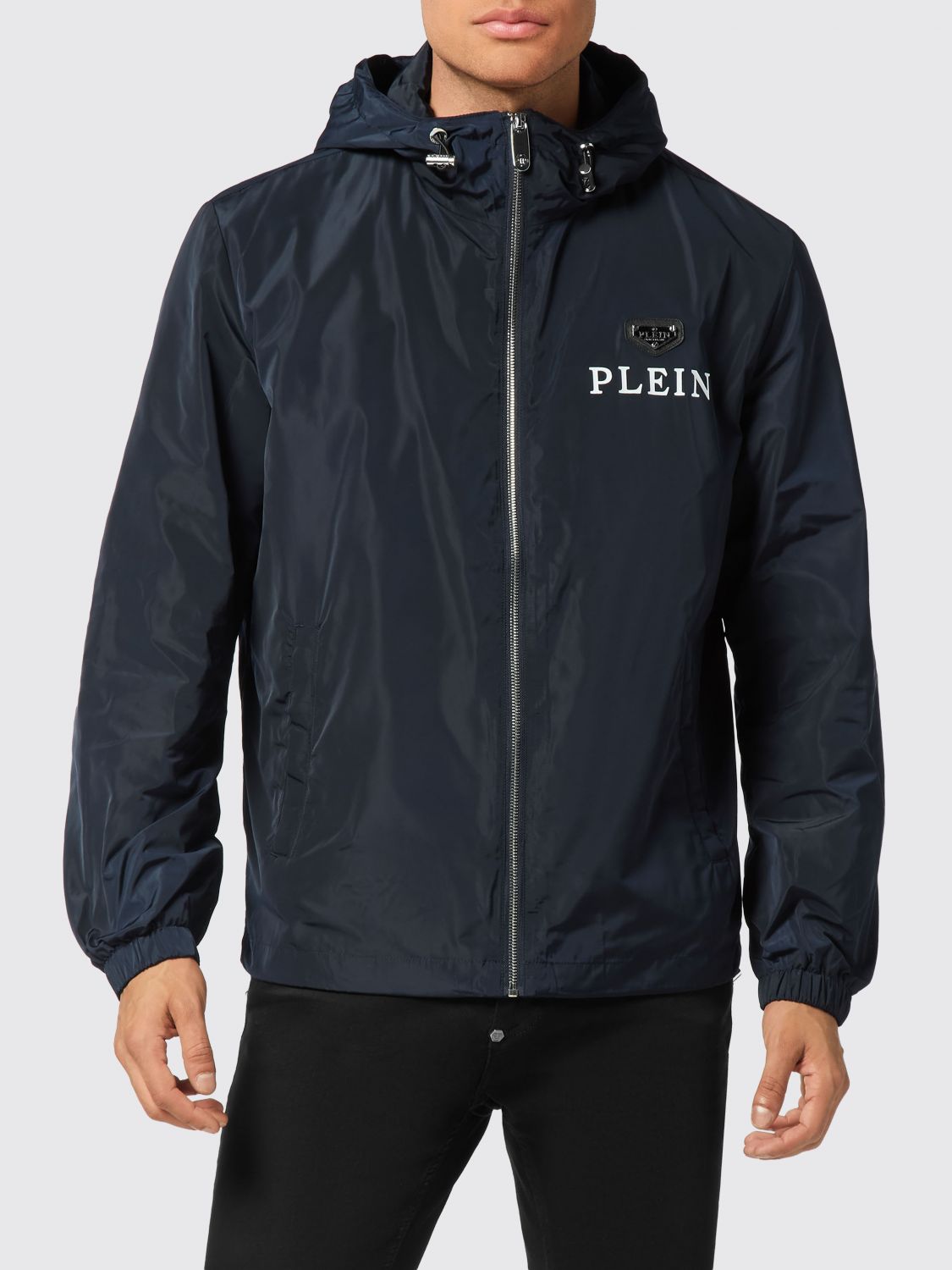 PHILIPP PLEIN Technical Fabric Hooded Windbreaker Jacket with Logo Print
