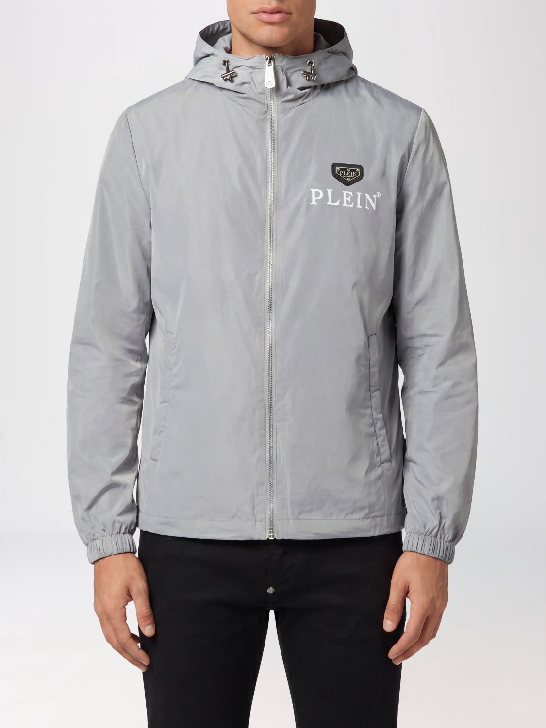 PHILIPP PLEIN Technical Fabric Hooded Windbreaker Jacket with Logo Print