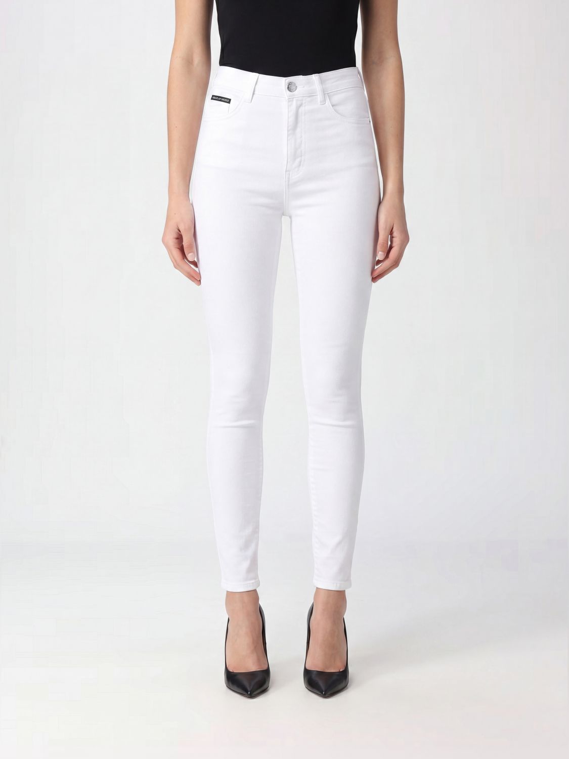 PHILIPP PLEIN Jeans skinny cropped in denim stretch a vita alta con logo