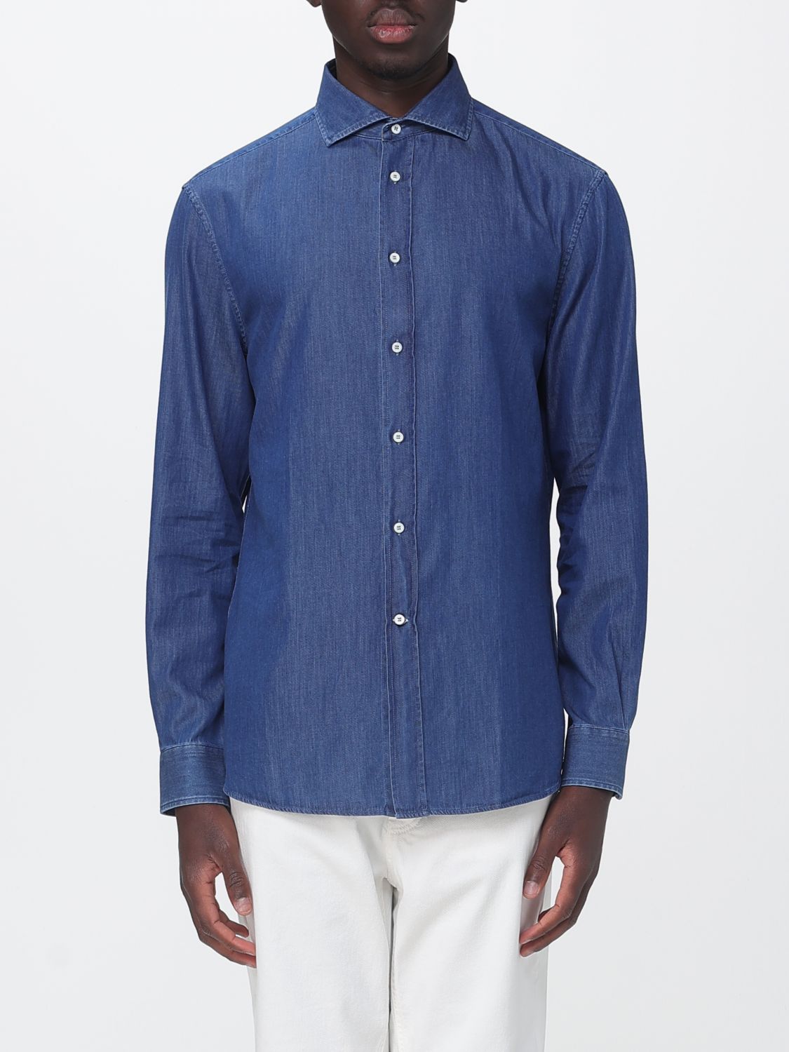 BRUNELLO CUCINELLI Camicia slim fit in denim di cotone con collo francese