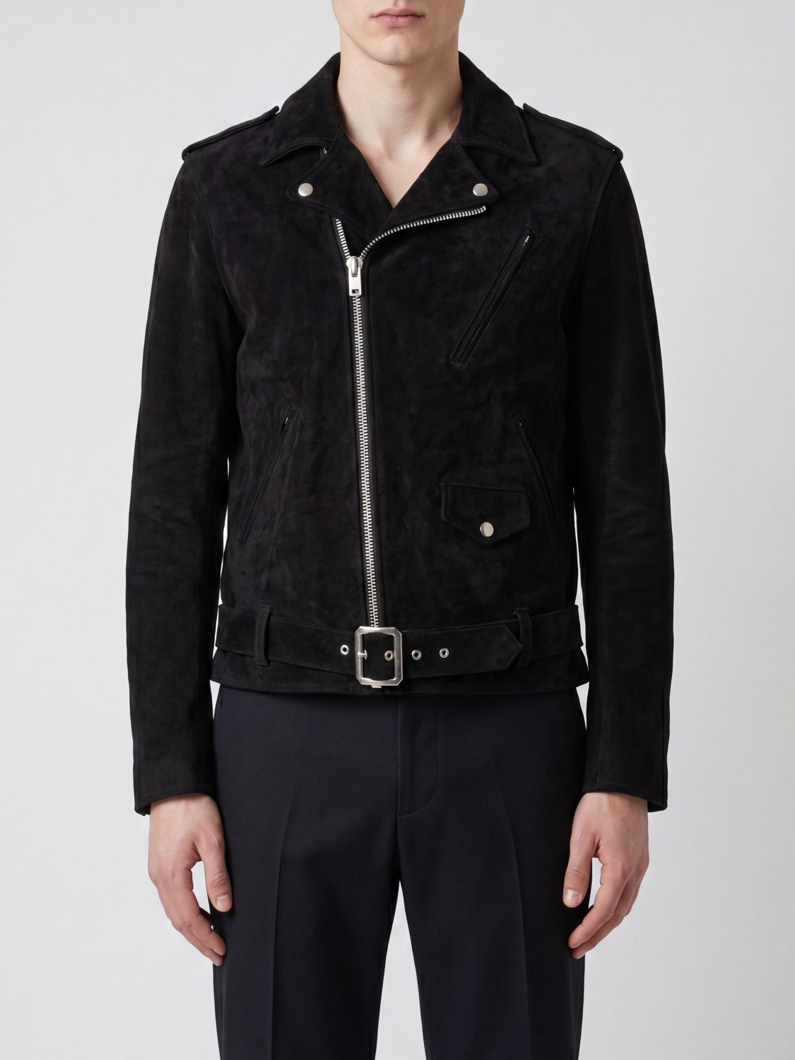 Y'S Giacca biker in pelle scamosciata con collo biker, mostrine e cintura regolabile