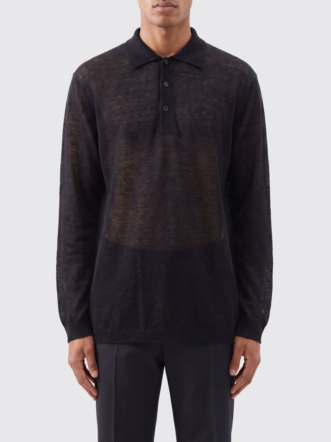 Y'S Polo in maglia a maniche lunghe in misto lino effetto sheer