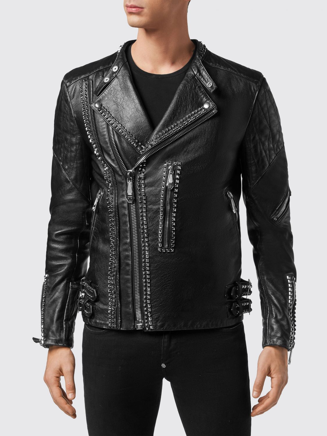 PHILIPP PLEIN Giacca biker slim in pelle di vitello con borchie