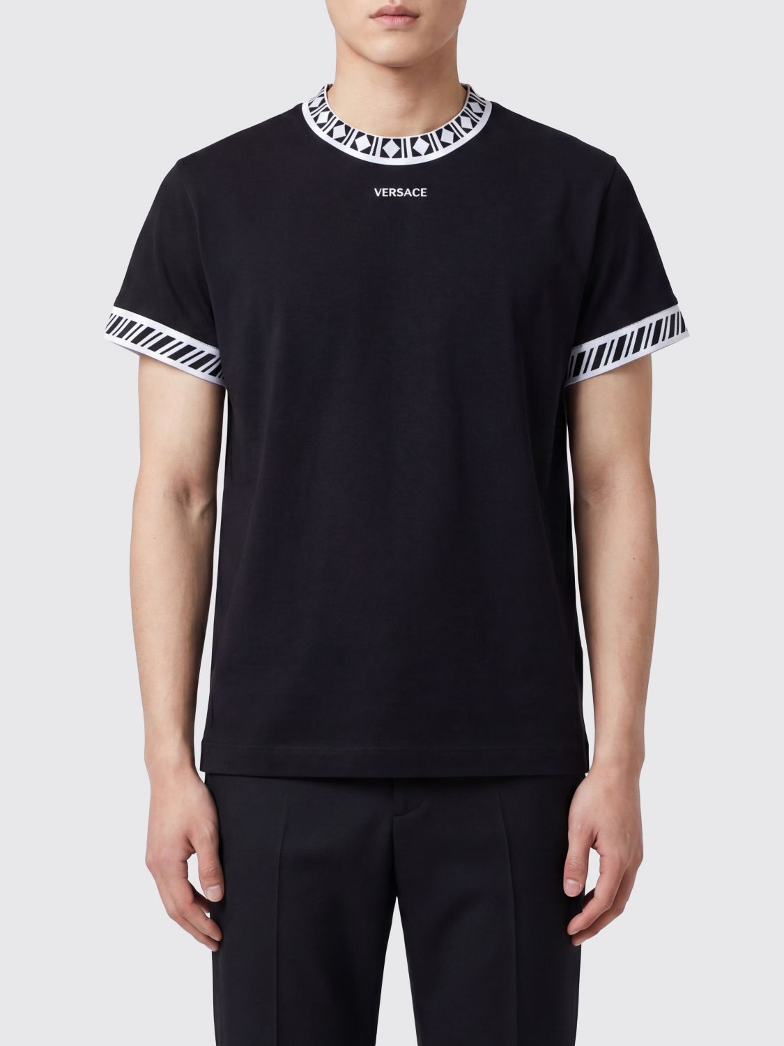 VERSACE Cotton T-shirt with Logo and Contrast Trims
