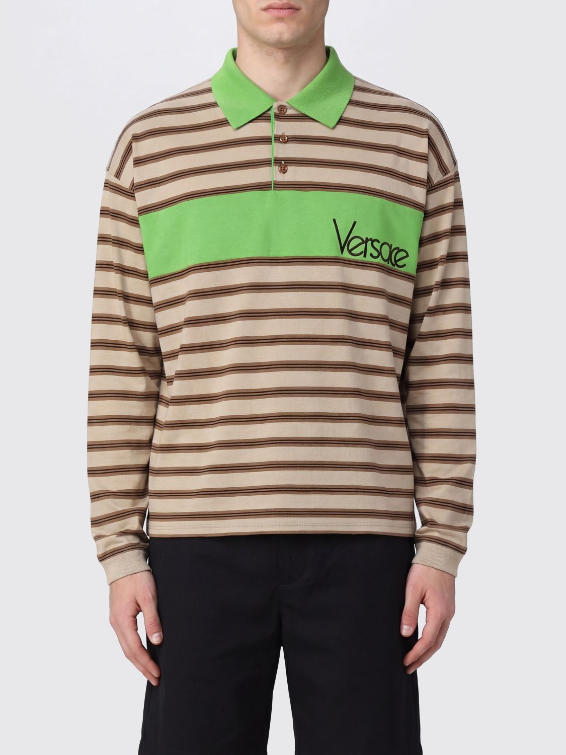 VERSACE Striped Long-Sleeve Polo in Cotton with Ribbed Collar